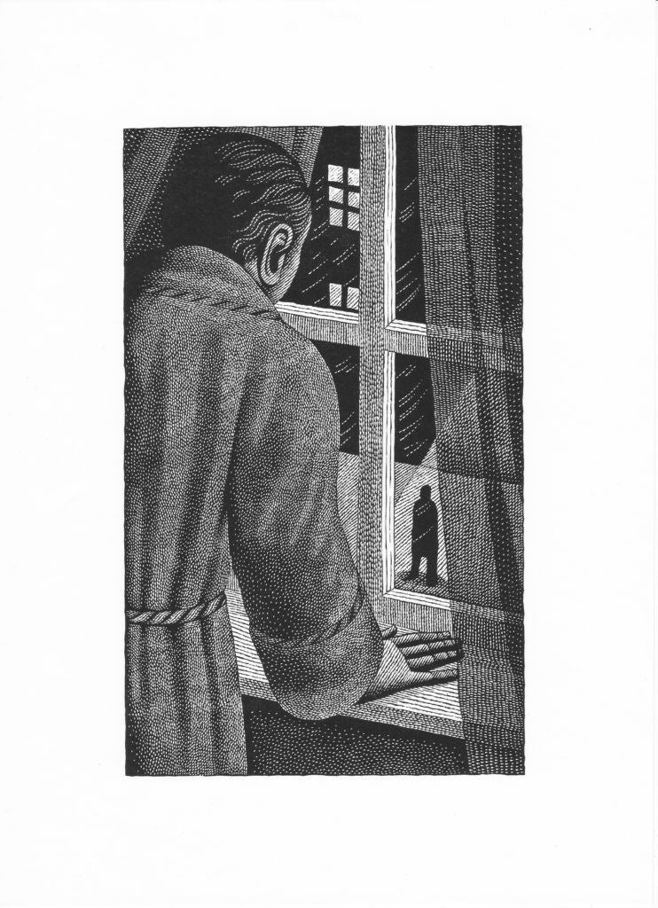 Final illustration of man at the window, for The Folio Society 2018