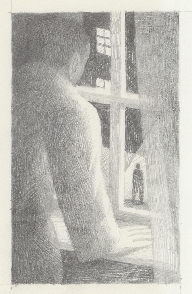 Draft of illustration of man at the window, for The Folio Society 2018