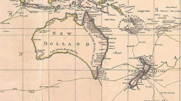 A section from the map in The Journals of Captain Cook, The Folio Society 2018
