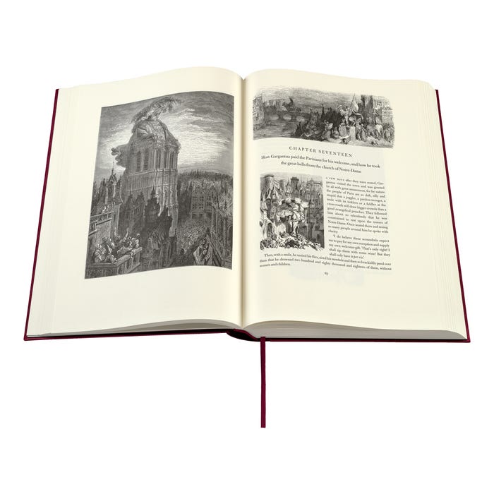 The opening of Chapter 17 of Gargantua showing one of the 61 full-page engraved illustrations and two of the 658 smaller pieces