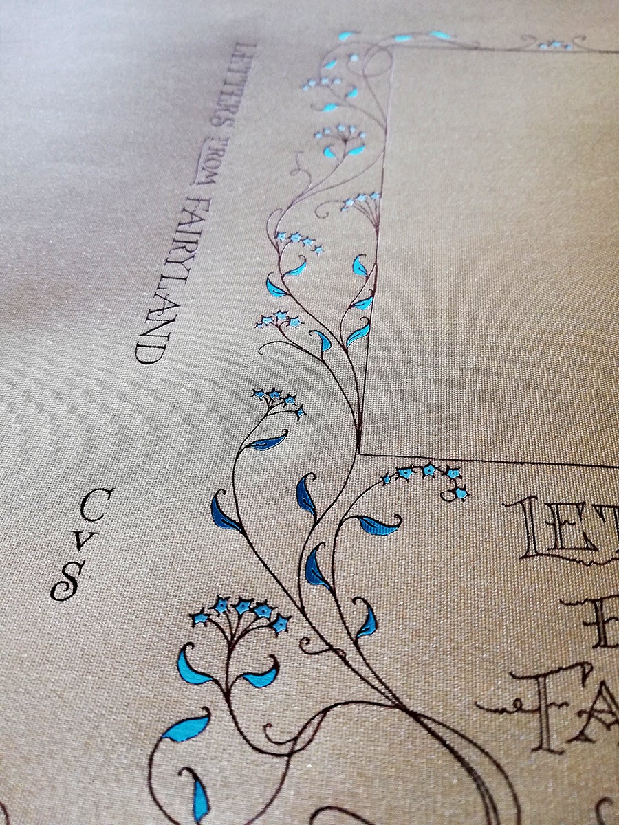 A close up of a test cover for the limited edition of Letters from Fairyland, The Folio Society 2020