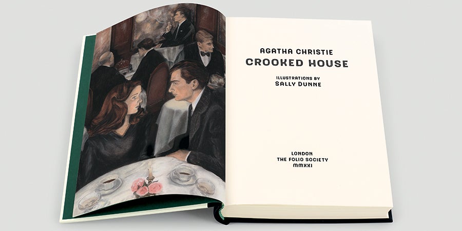 The open title page of Agatha Christie's Crooked House, The Folio Society 2021 The open title page of Agatha Christie's Crooked House, The Folio Society 2021