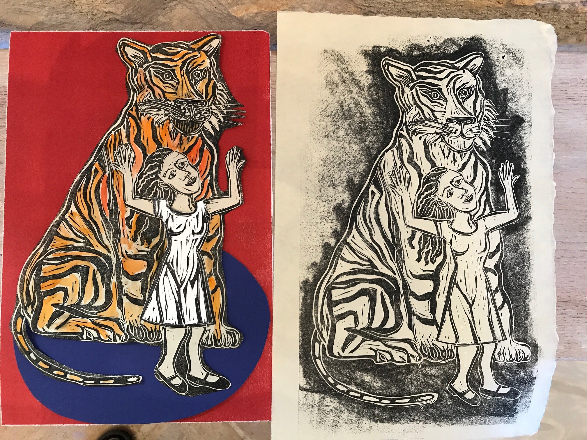 A linocut and its print by Eileen Cooper for Folio's edition of Nights at the Circus A linocut and its print by Eileen Cooper for Folio's edition of Nights at the Circus