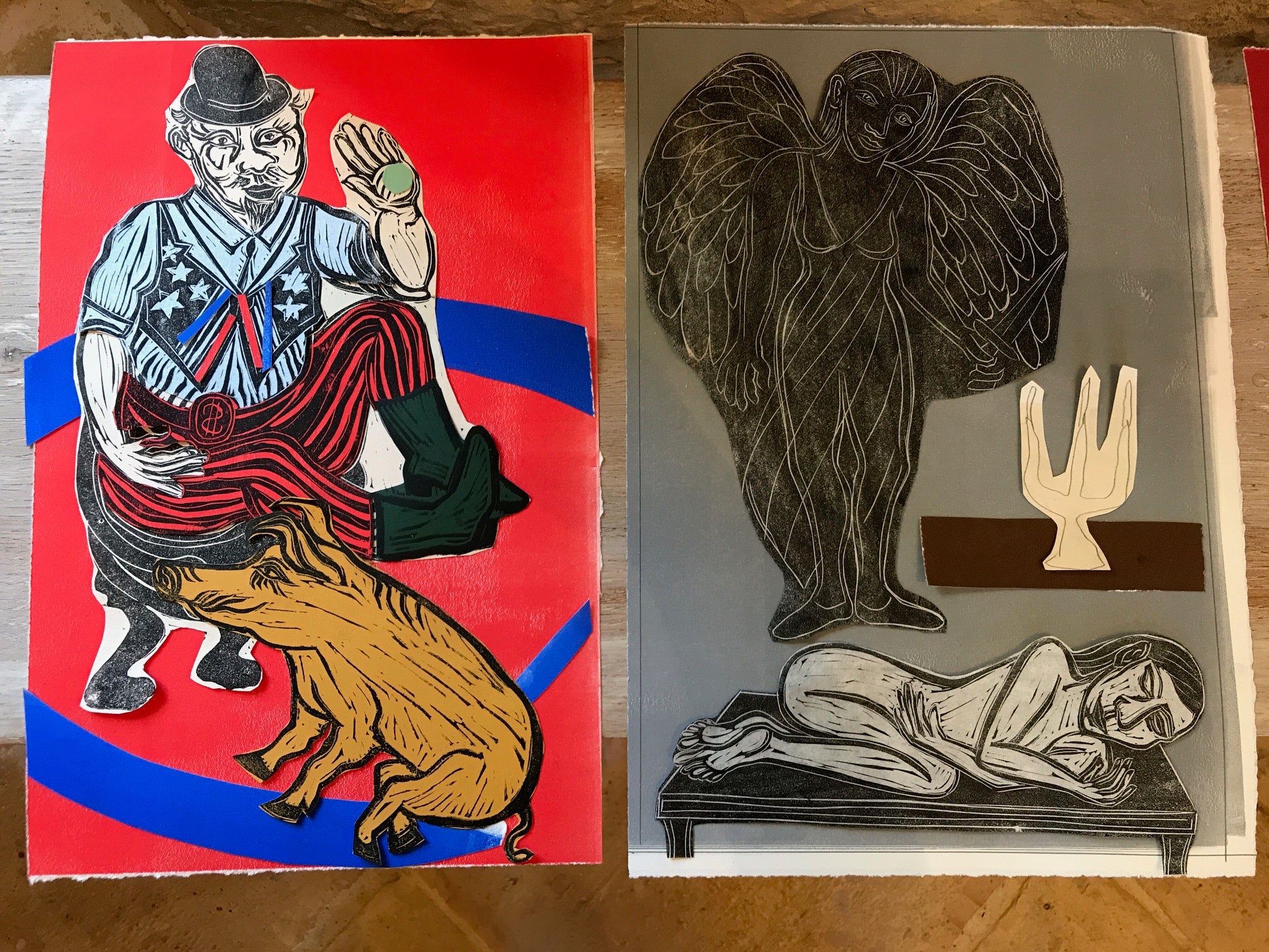 A linocut and its print by Eileen Cooper for Folio's edition of Nights at the Circus A linocut and its print by Eileen Cooper for Folio's edition of Nights at the Circus