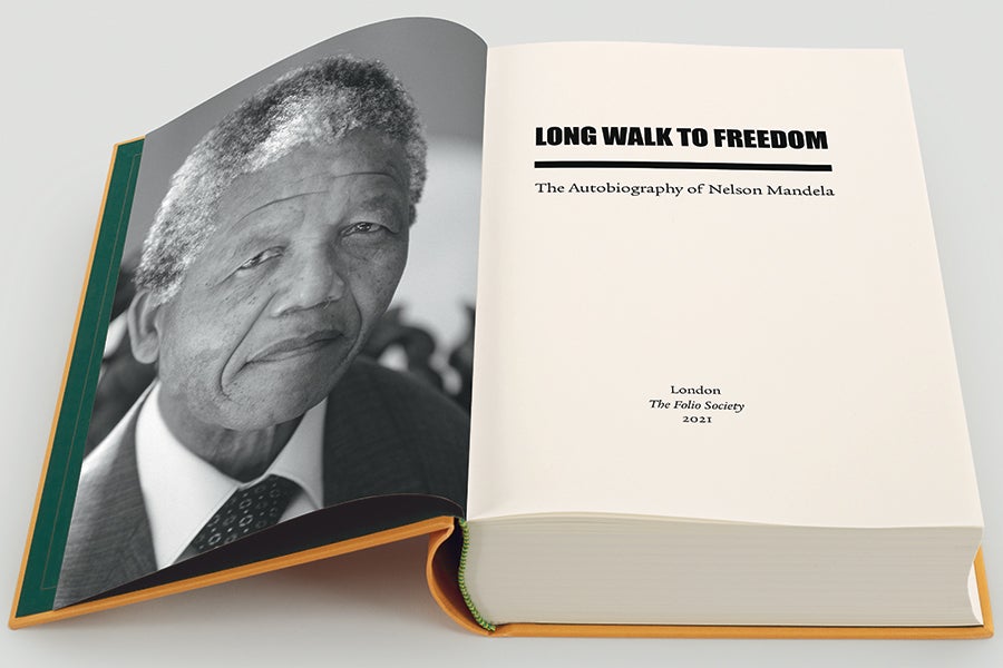 Open book and frontispiece of Nelson Mandela's Long Walk to Freedom, The Folio Society 2021 Open book and frontispiece of Nelson Mandela's Long Walk to Freedom, The Folio Society 2021